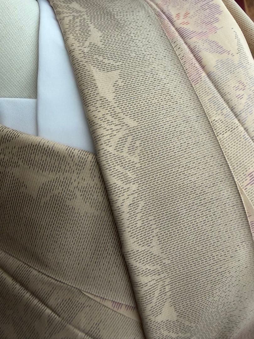 memeko 正絹 白大島紬小紋 ベージュ×グレー×パープル 横双 単品