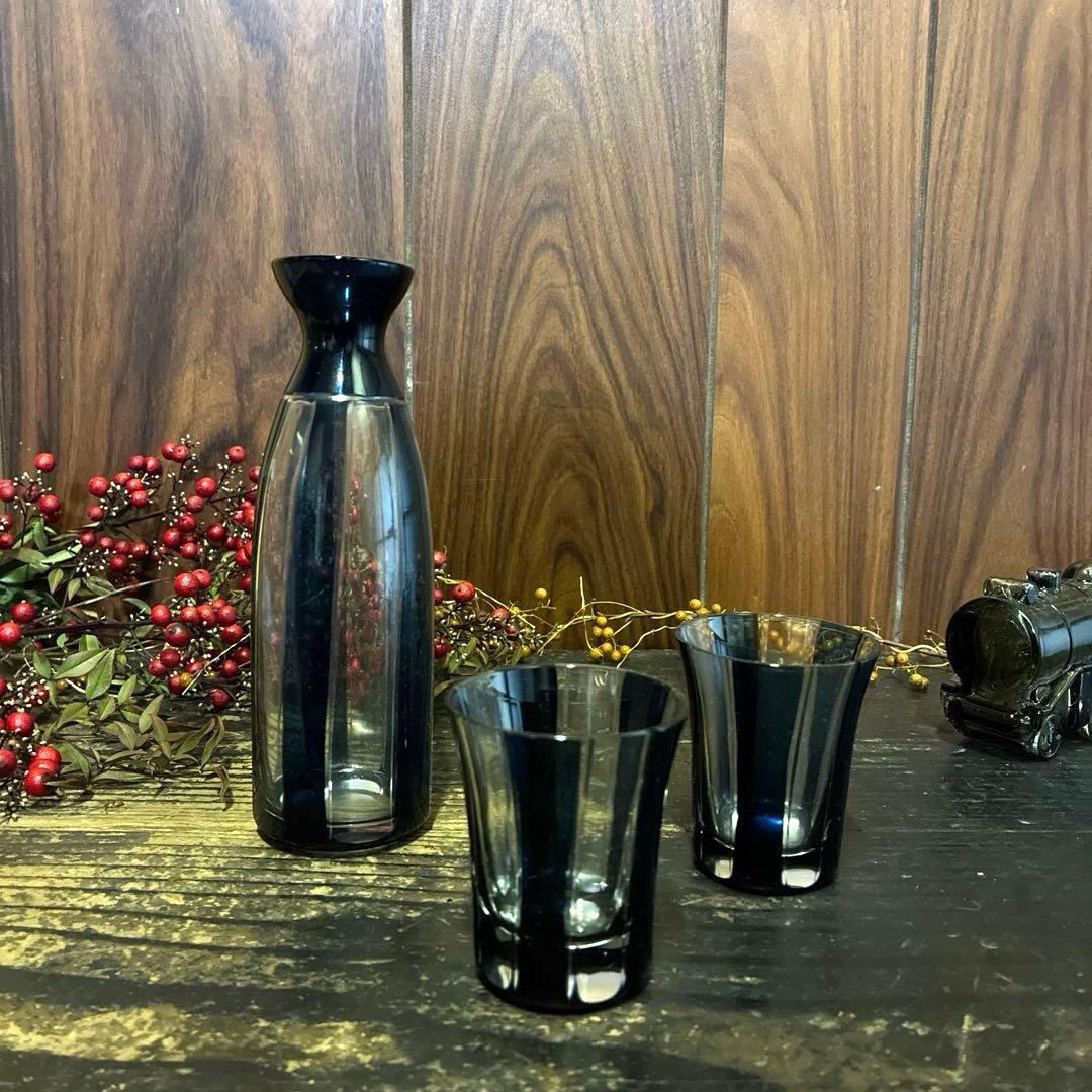 骨董　時代ガラス　希少　紺色被せ　縞　モダン切子　徳利　酒器　３点