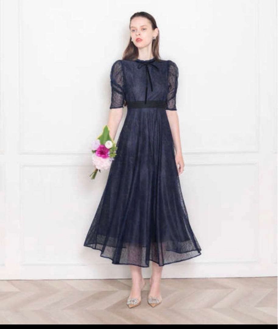 【leja】 ウエストマークパフスリーブ総レースロングドレスワンピース