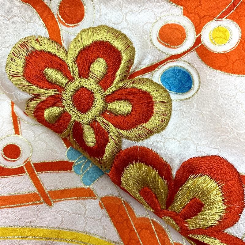 602ag6□七五三 三歳 女児 着物&被布 一つ紋 金駒刺繍 扇 梅 松□良好