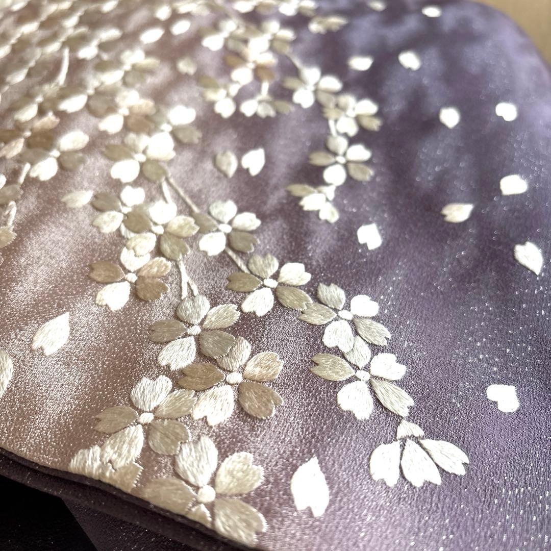 月兎奈緒様 薄古代紫　正絹袋帯　薄ピンクとオフホワイト満開桜刺繍　美品