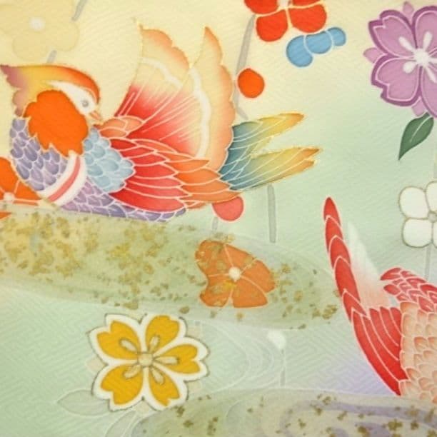 正絹京友禅☆箔散らし＋金駒刺繡☆八重紅枝垂れ桜や鴛鴦雅やかな7歳七五三向け祝い着