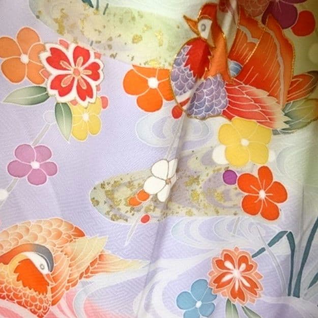 正絹京友禅☆箔散らし＋金駒刺繡☆八重紅枝垂れ桜や鴛鴦雅やかな7歳七五三向け祝い着