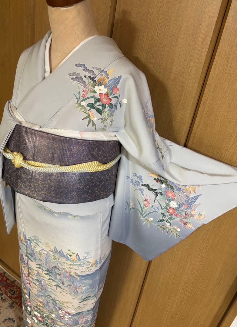 加賀調　手描き友禅訪問着　 落款　【武】ライトグレー草花文様 4点セット　裄長