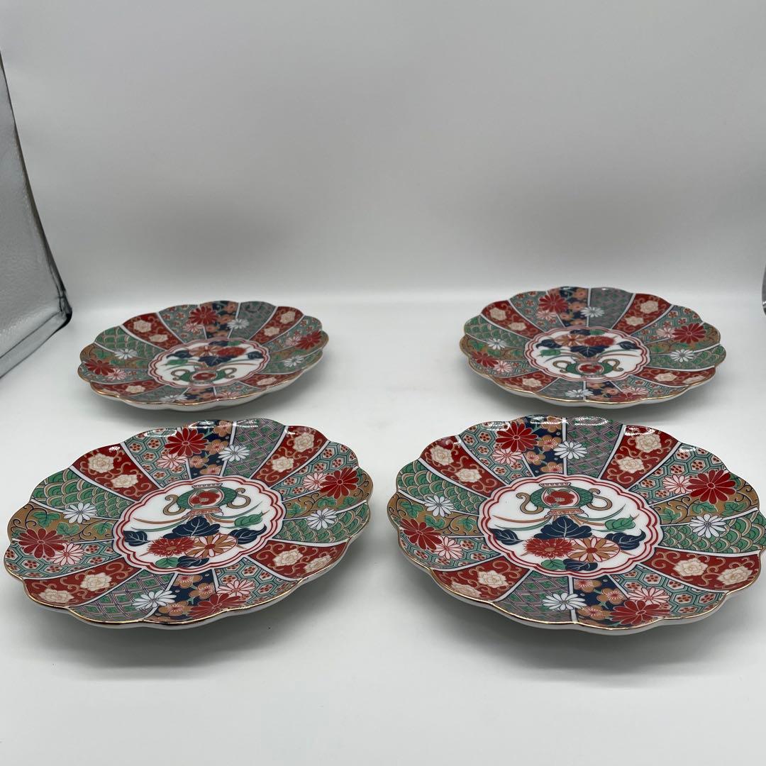 未使用 有田焼 陶扇菊割皿5枚セット 陶扇 田扇 菊割皿 錦絵 金彩 古伊万里