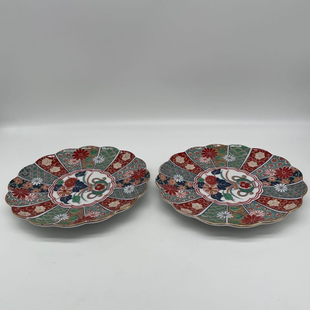 未使用 有田焼 陶扇菊割皿5枚セット 陶扇 田扇 菊割皿 錦絵 金彩 古伊万里