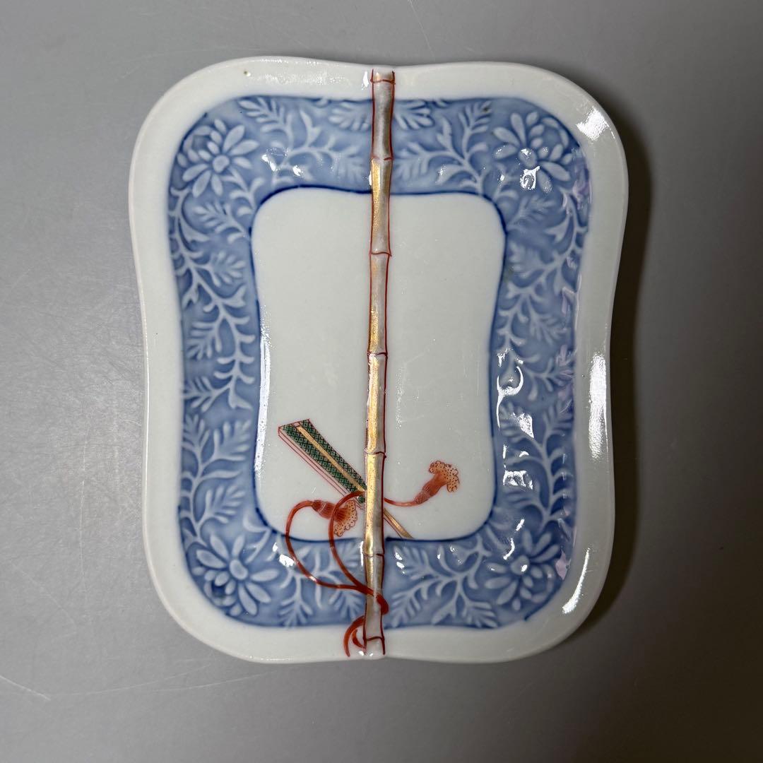 明治時代　有田焼　岩松平吾　色絵軍配形皿　五枚　角岩印　陽刻　珍品　残り僅か