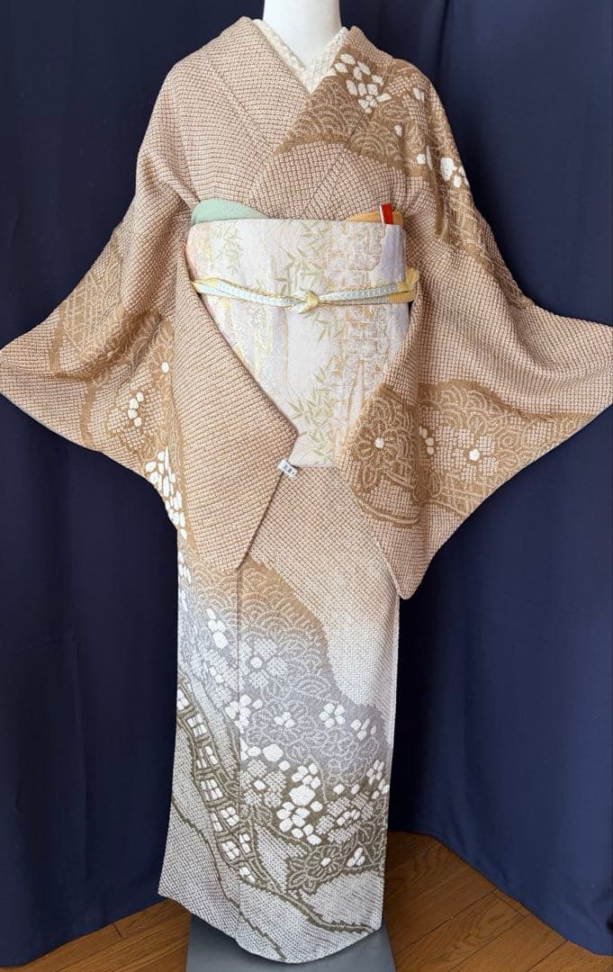 【総絞訪問着】本疋田絞り極上品　道長手絞り手染め　LLサイズ