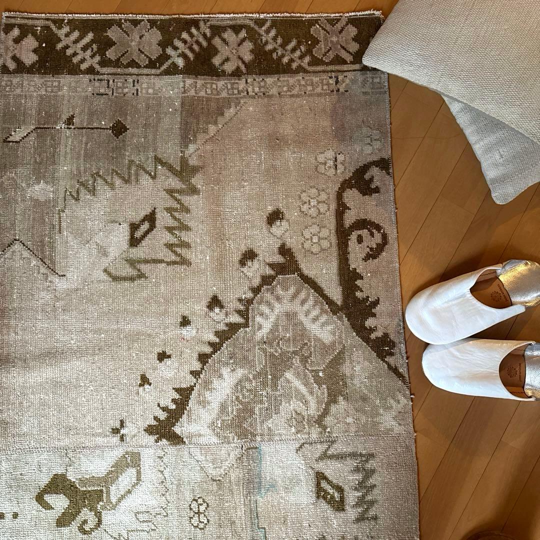 71×124ウール　ベージュ×ブラウン　パッチワーク　トルコヴィンテージラグ