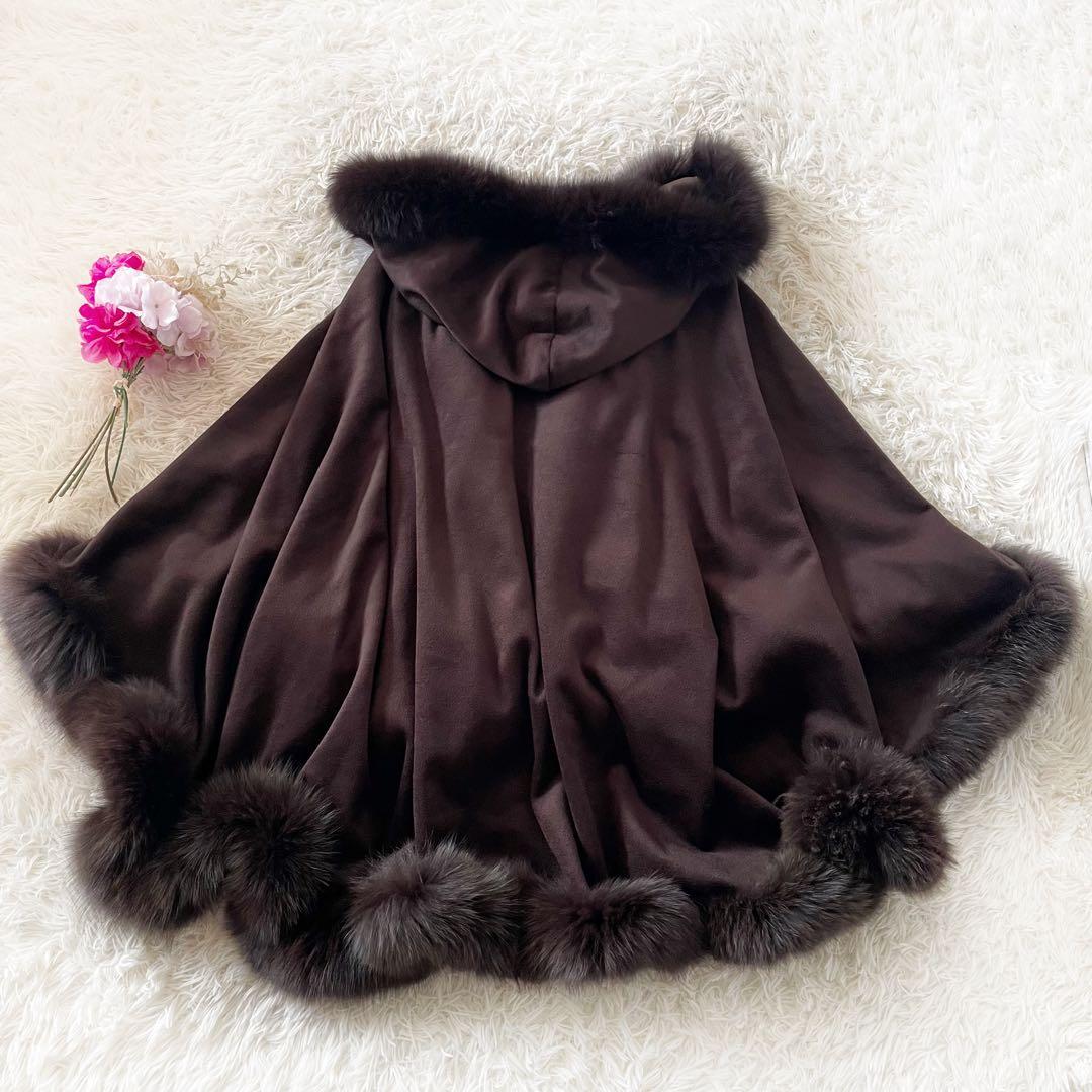 BALMAIN 最高級 カシミヤ100％ ブルーフォックス ポンチョ ブラウン