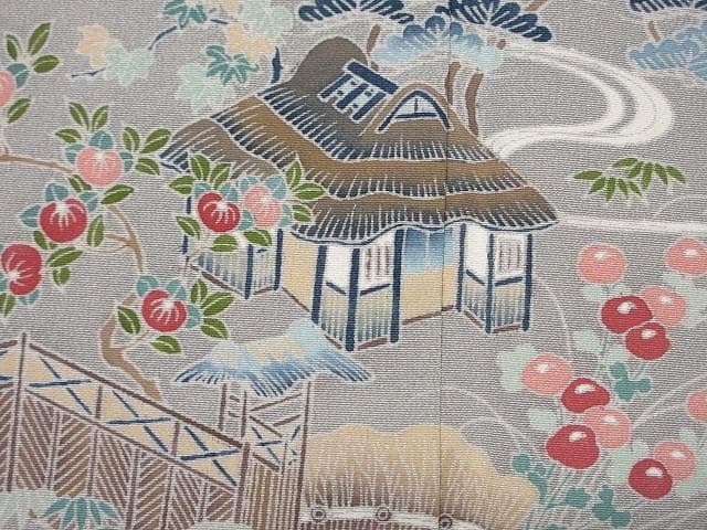 訪問着：美品：菖蒲と花と民家と舟と庭園：淡いグレー着物：袷正絹：P29