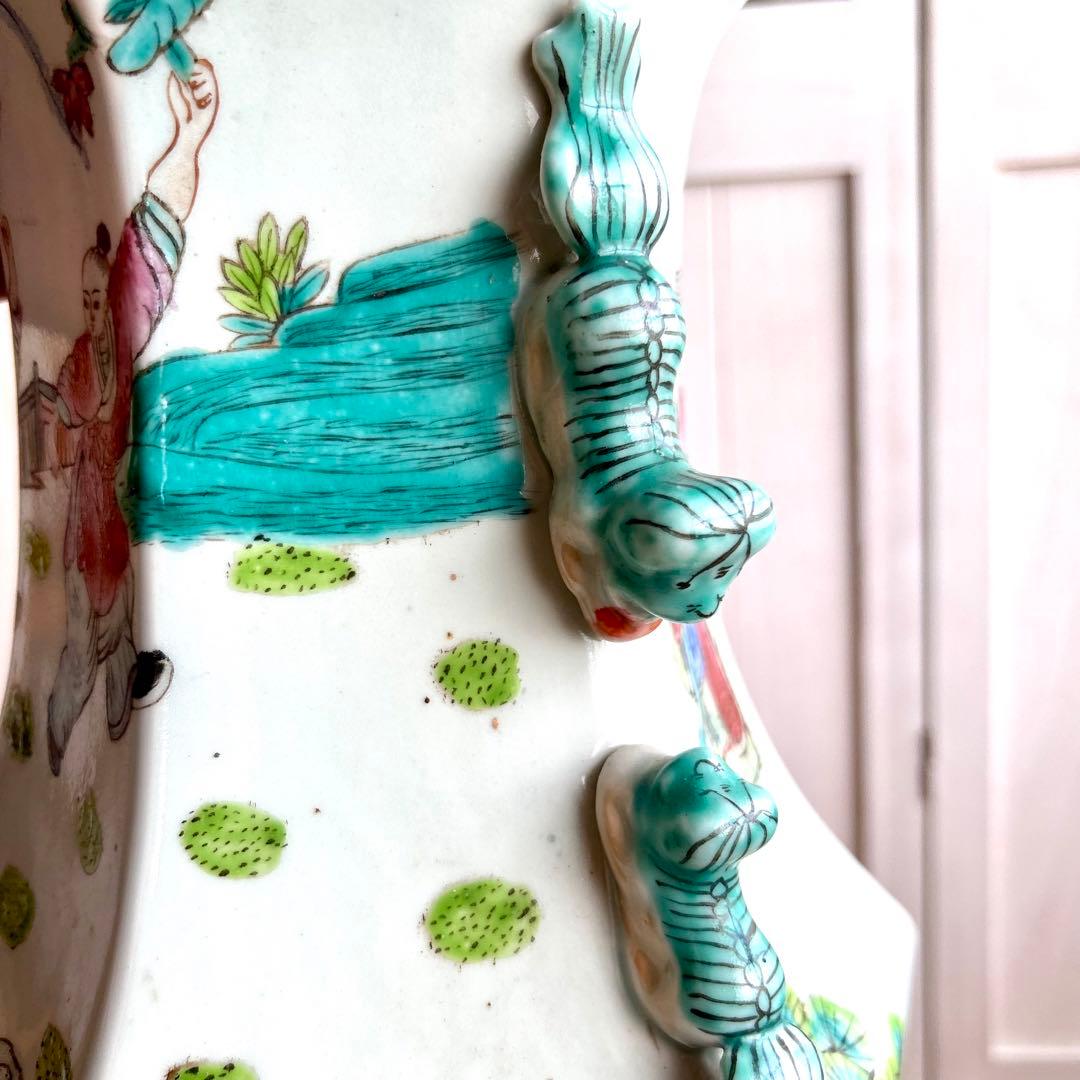 粉彩大花瓶 仙人図絵 花文双耳 八角瓶 珍品 中国