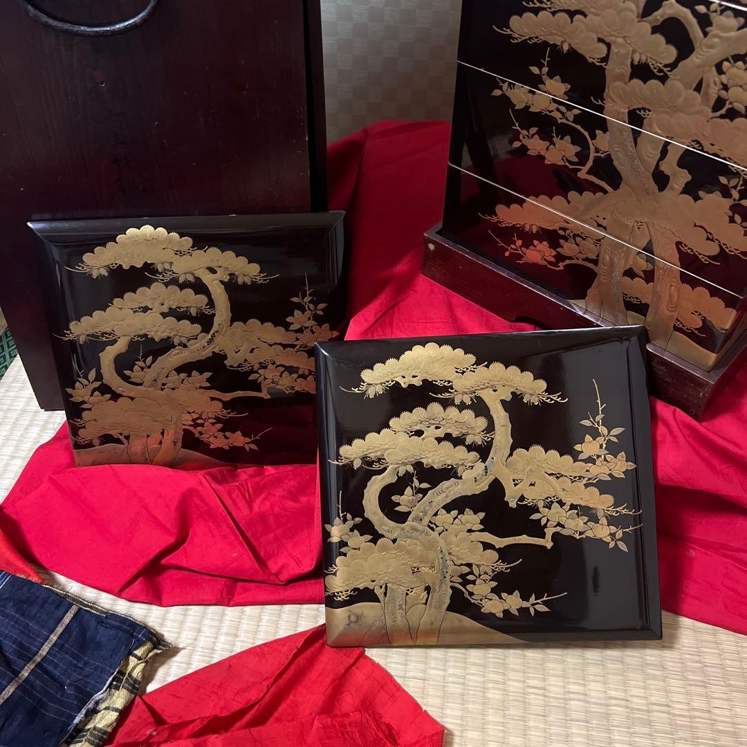 古美術　時代漆器 松蒔絵五段重箱 二枚蓋　箱付