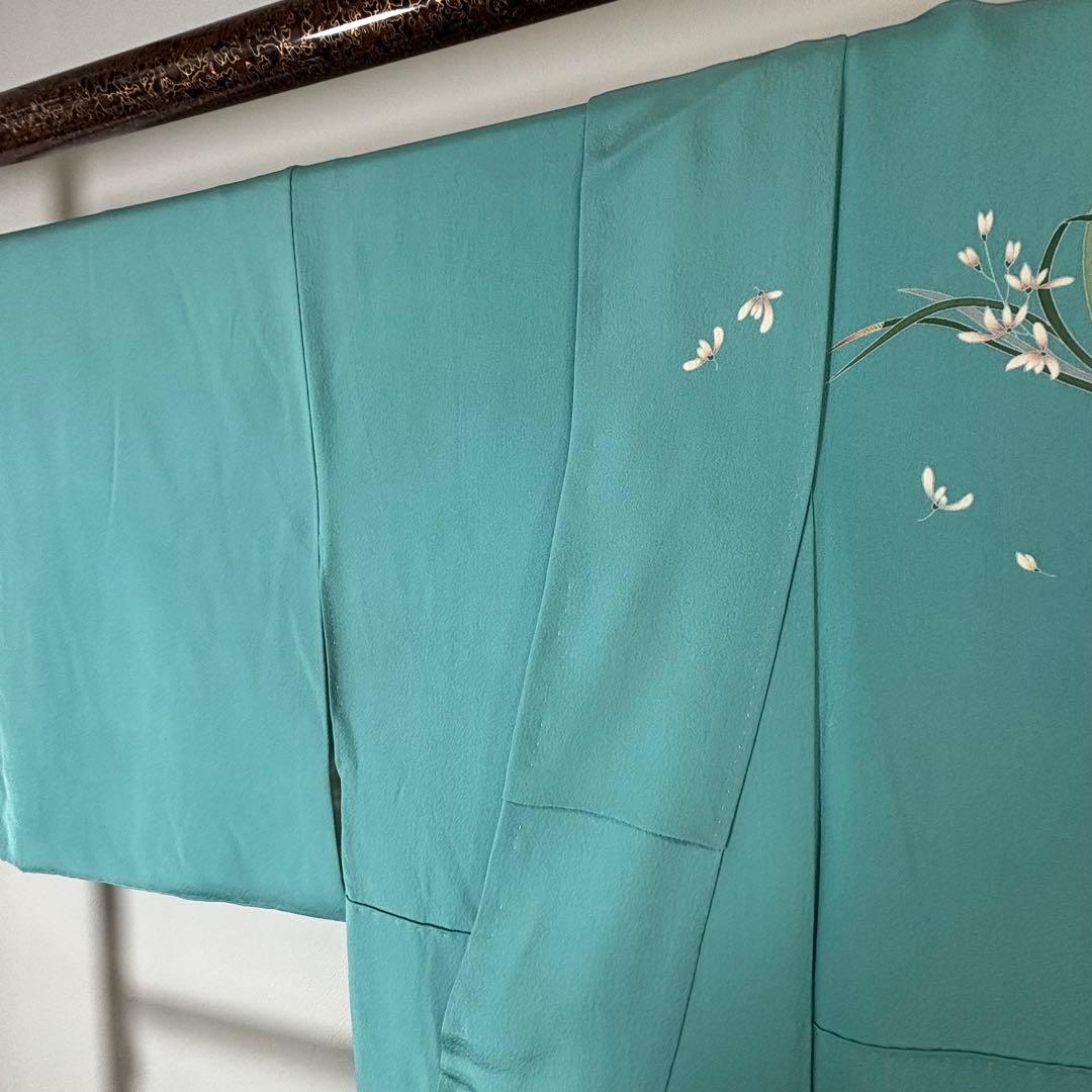 超美品　訪問着　作家物　現代　着物　160 手書き友禅　水浅葱　水色　グレー