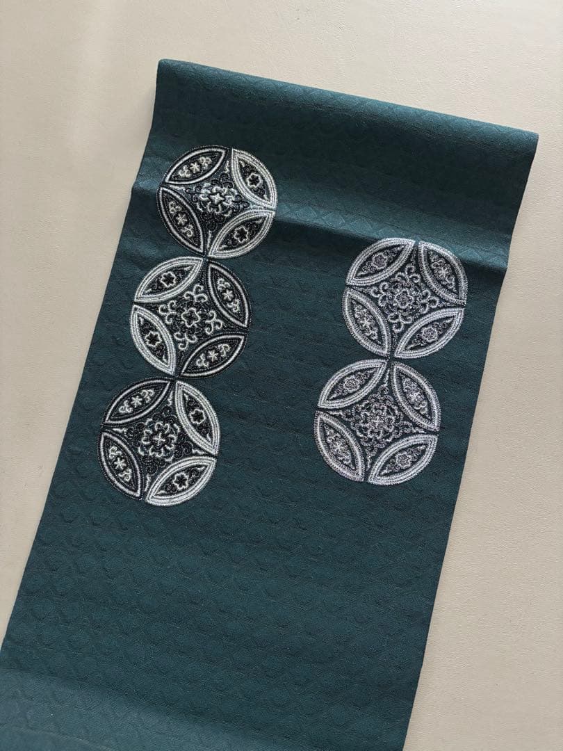 正絹 文様入り 控えめな透け感 袋帯 ビーズ刺繍 七宝丸文