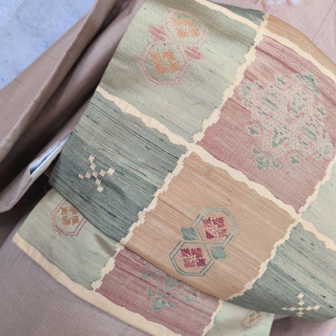 紬　フルセット　小紋　着物　正絹　ブラウンベージュ　着物生活　O8