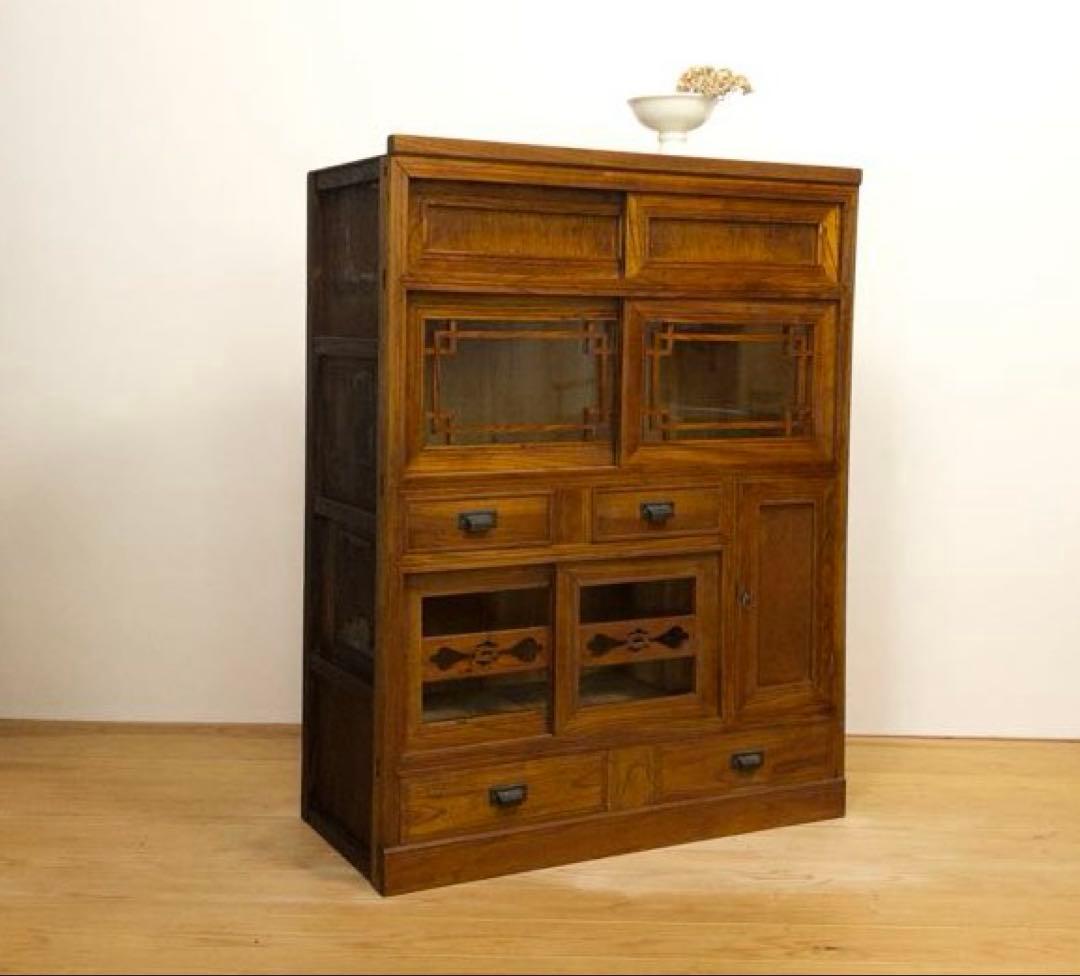 ガラス棚　水屋箪笥　収納棚　古道具　古家具　和家具　ビンテージ　アンティーク